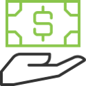 Royalties faq green dollar paper with black hand icon