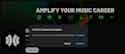 Confirm channel subscription Dunkler Bildschirm mit grünen Linien oben, weißer Text "AMPLIFY YOUR MUSIC CAREER", App-Icons und Abonnement-Dialog unten.