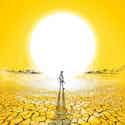 ilustração fundo amarelo com pôr do sol e homem no sertão